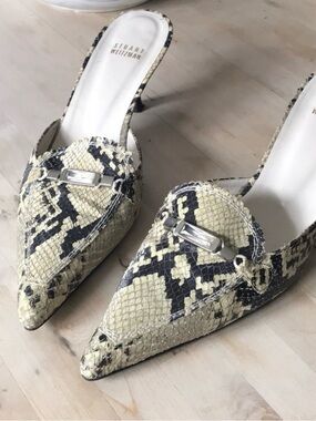 Stuart Weitzman Black & Cream Snakeskin Mule Ktten Heels